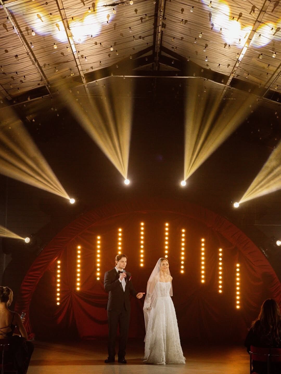An entrance, lit